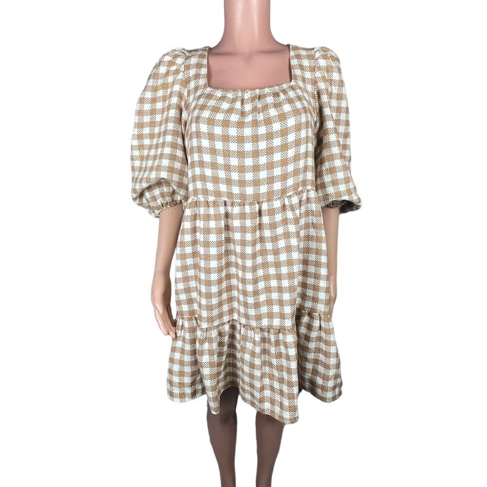 by the River tiered gingham babydoll dress, Large,‎ neutral colors, puff sleeves